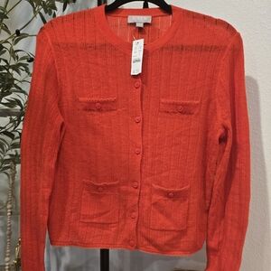 NWT J CREW Featherweight cashmere pointelle shrunken cardigan sweater red Sz L